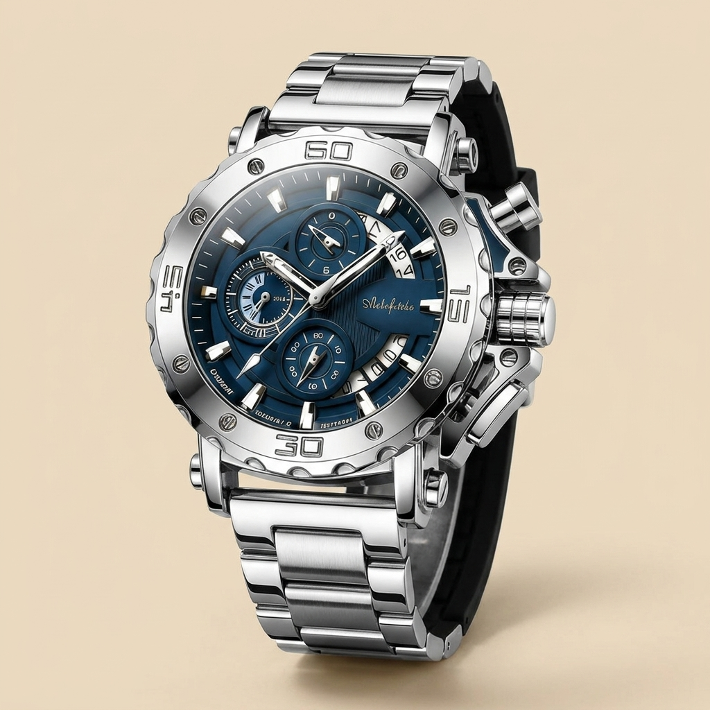 Stainless steel round luminous hands quartz watch with steel blue dial shown front view with analog display and mineral glass crystal