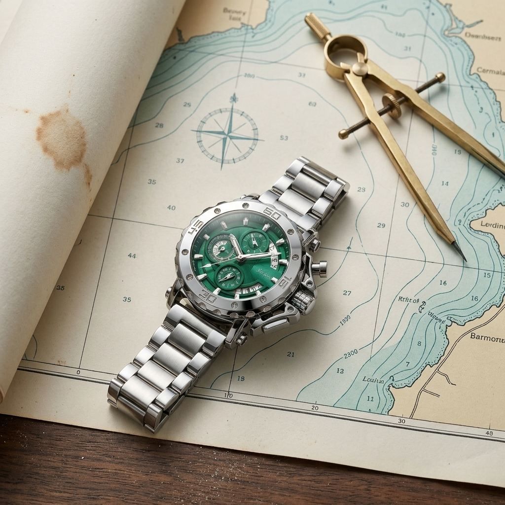 Stainless steel quartz watch with steel green dial shown on study desk in ambient room lighting with visible analog display