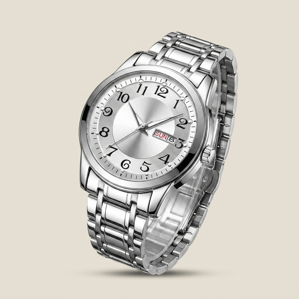 Silver bracelet men's watch with white dial shown front view lit featuring luminous hands and mineral glass crystal