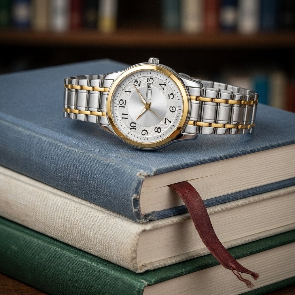 Two-tone gold and silver men's watch with white dial in ambient room lit on sofa side showing luminous hands and subdial