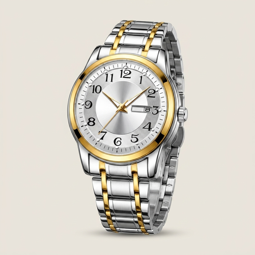 Two-tone gold and silver men's watch with white dial side profile lit highlighting calendar window and luminous hands