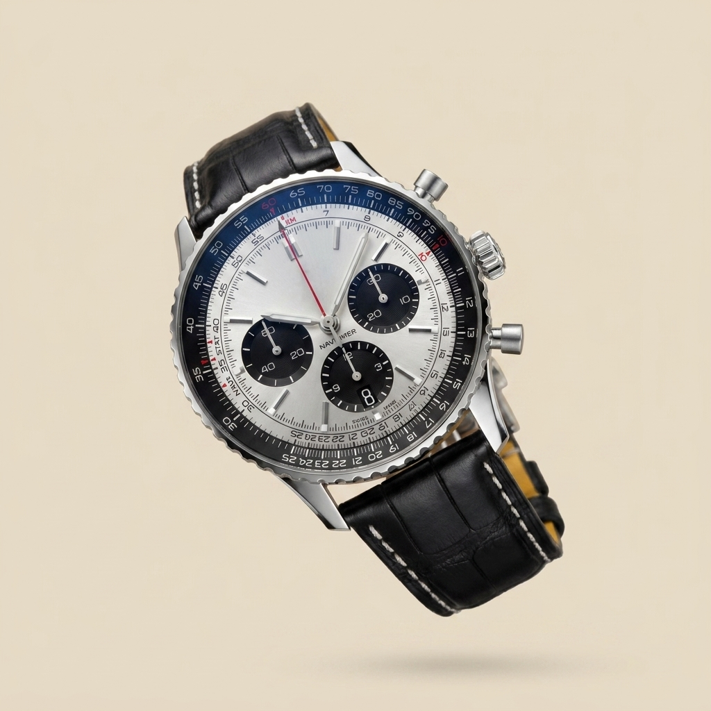 Stainless steel round quartz chronograph calendar watch front view showing variant details