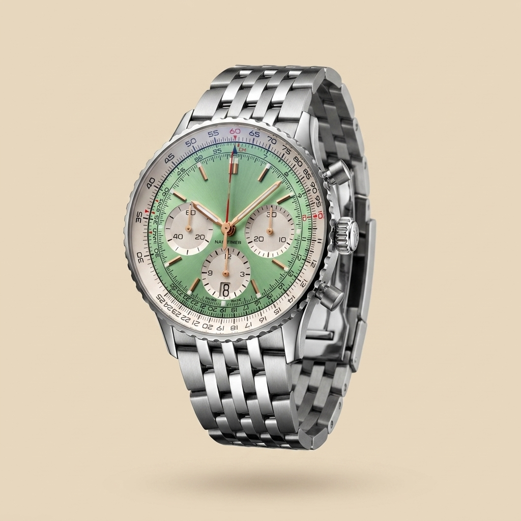 Stainless steel round quartz chronograph calendar watch front view showing variant details