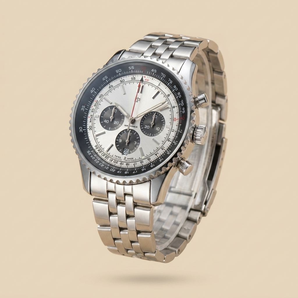 Stainless steel round quartz chronograph calendar watch front view showing variant details