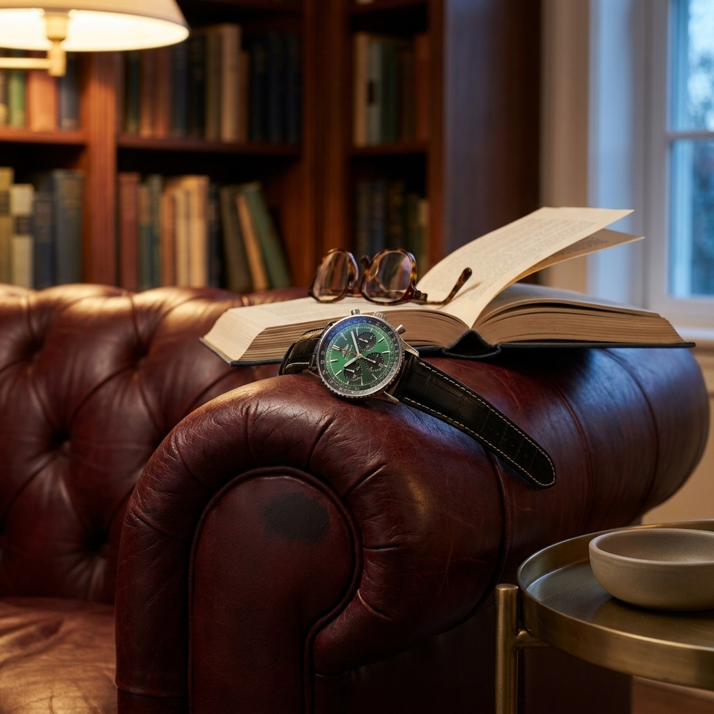 Stainless steel round quartz chronograph watch with genuine leather strap on library armchair armrest in ambient dimmed light lifestyle scene