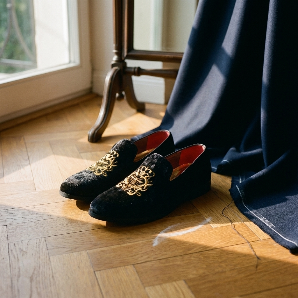 Red T002 model suede loafers front view with embroidered totem and low chunky heel