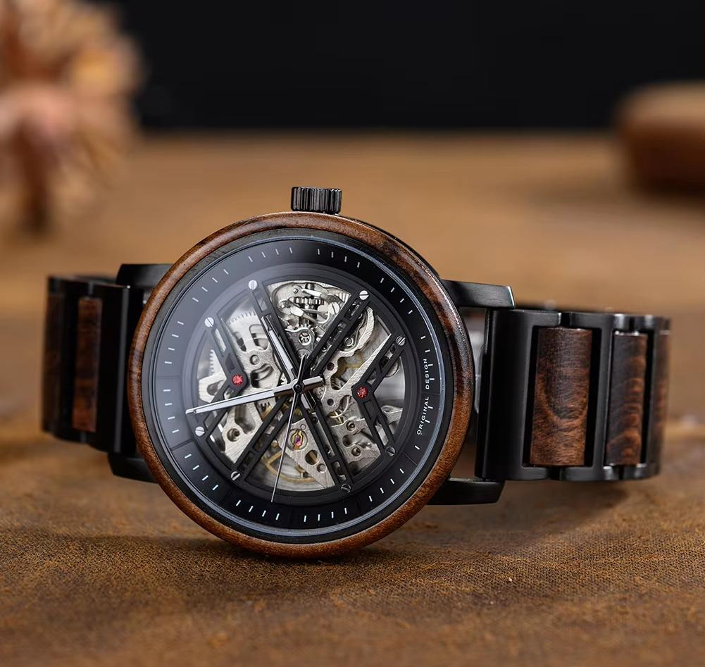 Terra Brown men's wooden watch with natural finish, close-up angled shot showcasing the detailed mechanical skeleton dial and wooden bezel.