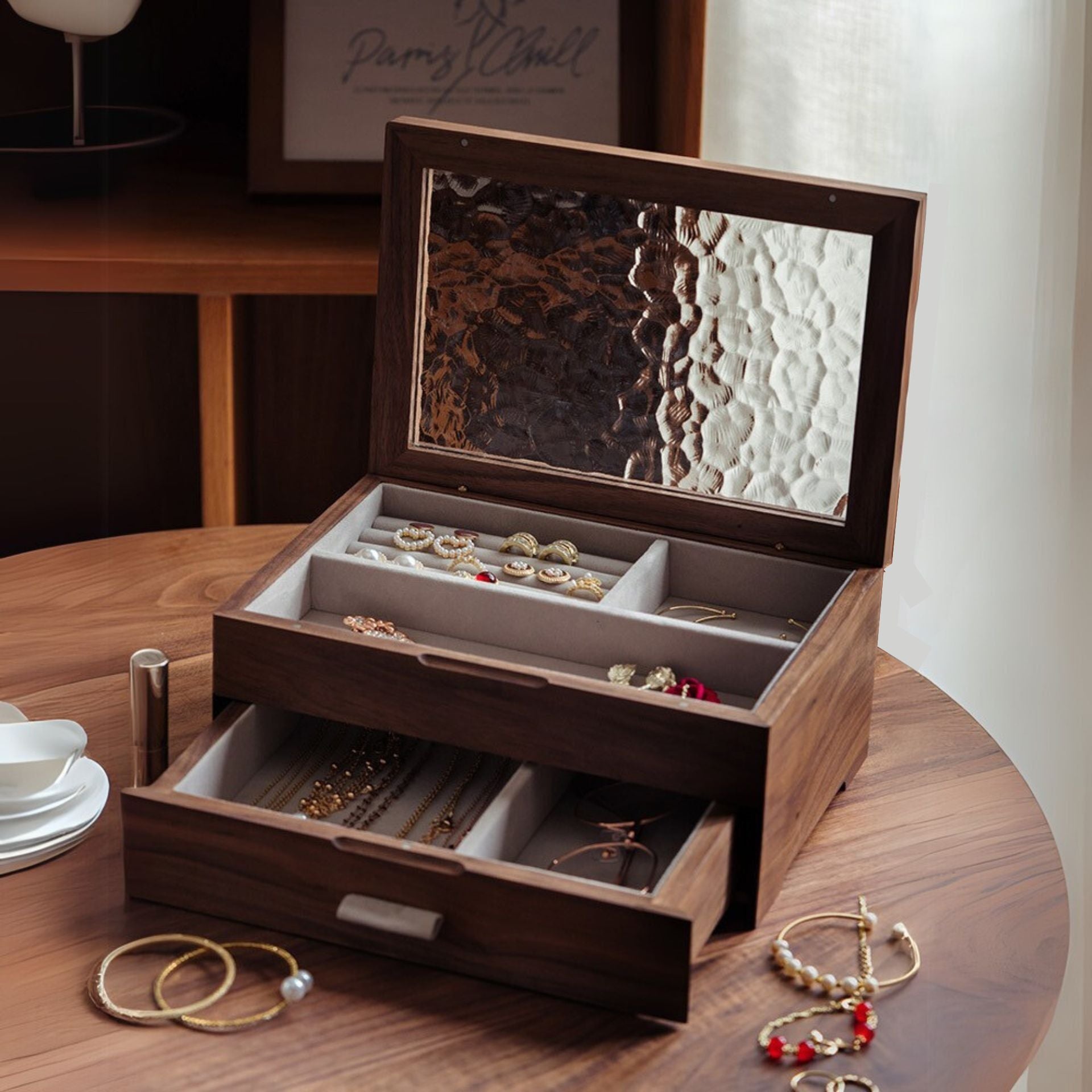 Timber Haven | Solid Walnut and Cherry Wood Jewelry Box with Elegant F