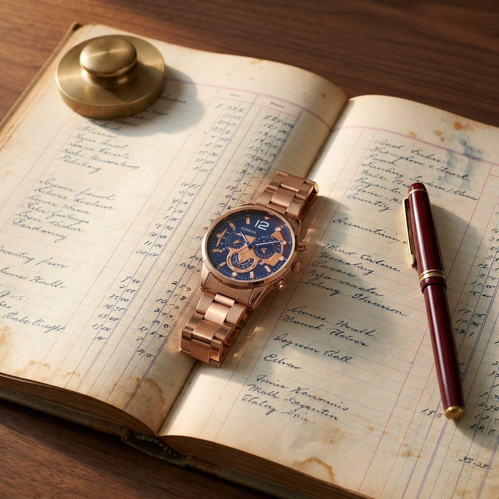 Two-tone gold stainless steel round skeleton quartz wristwatch over-the-shoulder view with open foxed ledger and fountain pen lifestyle