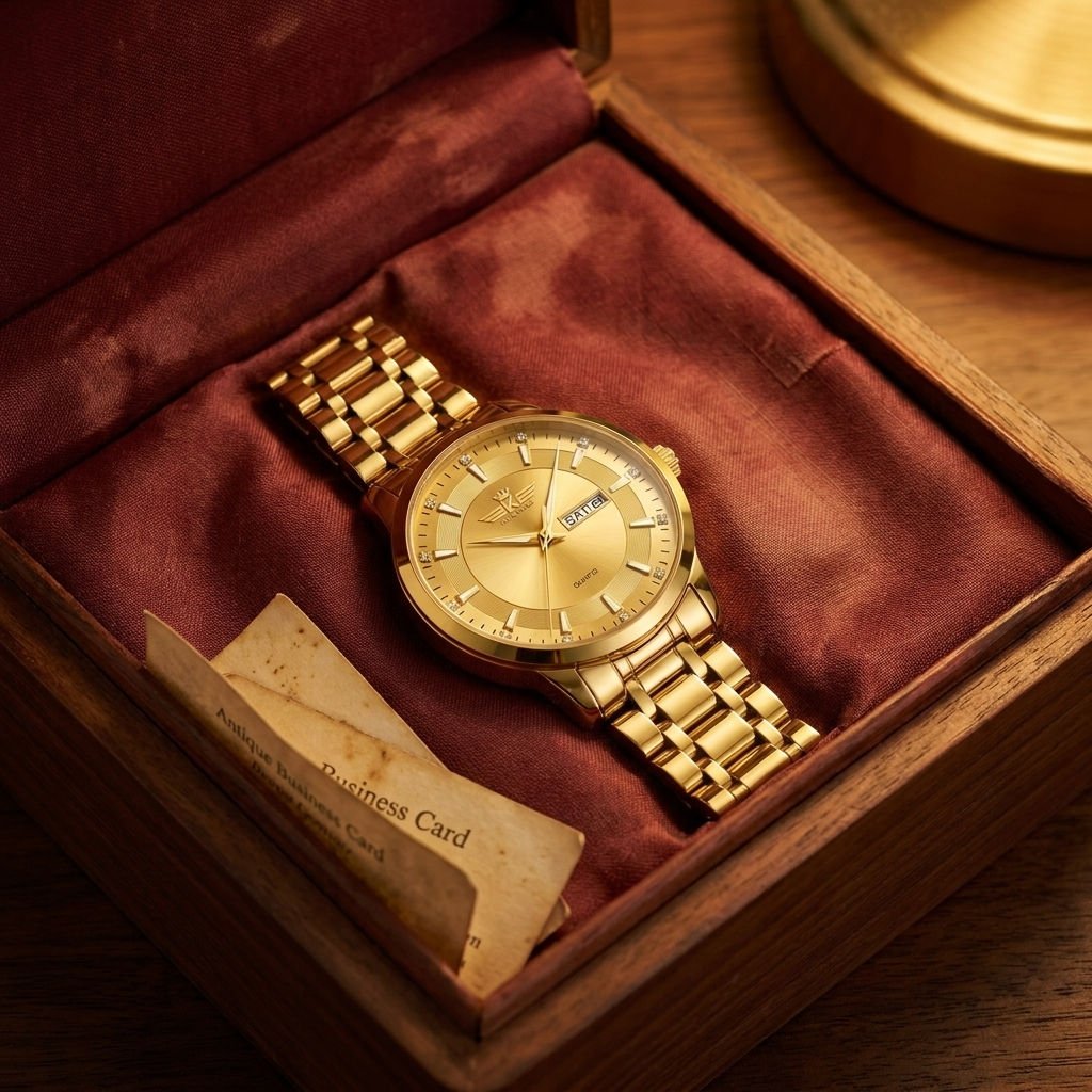 Lifestyle scene showing two-tone stainless steel men's quartz watch with black dial resting on vintage cigar box