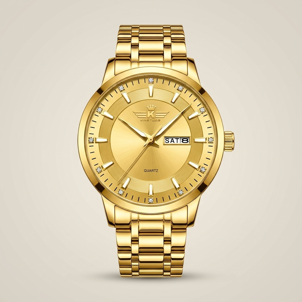 Two-tone stainless steel men's quartz watch at three-quarter angle with white dial and mineral glass crystal visible