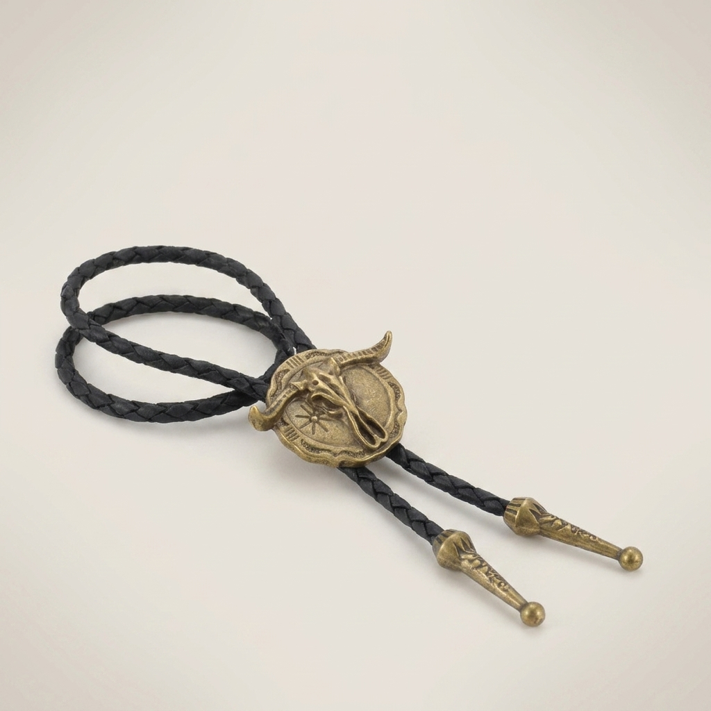 Close-up handcrafted vintage braided leather geometric alloy ring pendant necklace showing dark brown leather and antique bronze finish
