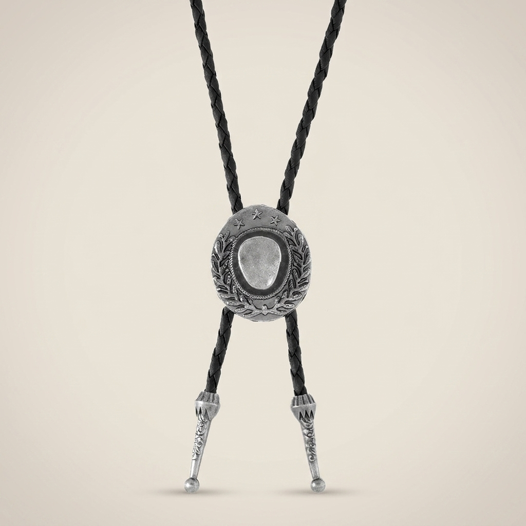 Detail shot of handcrafted vintage braided leather geometric alloy ring pendant necklace with black leather and antique silver finish