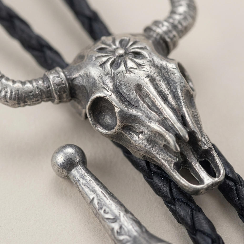 Extreme macro detail of vintage braided leather geometric alloy ring pendant necklace with black leather and antique silver finish