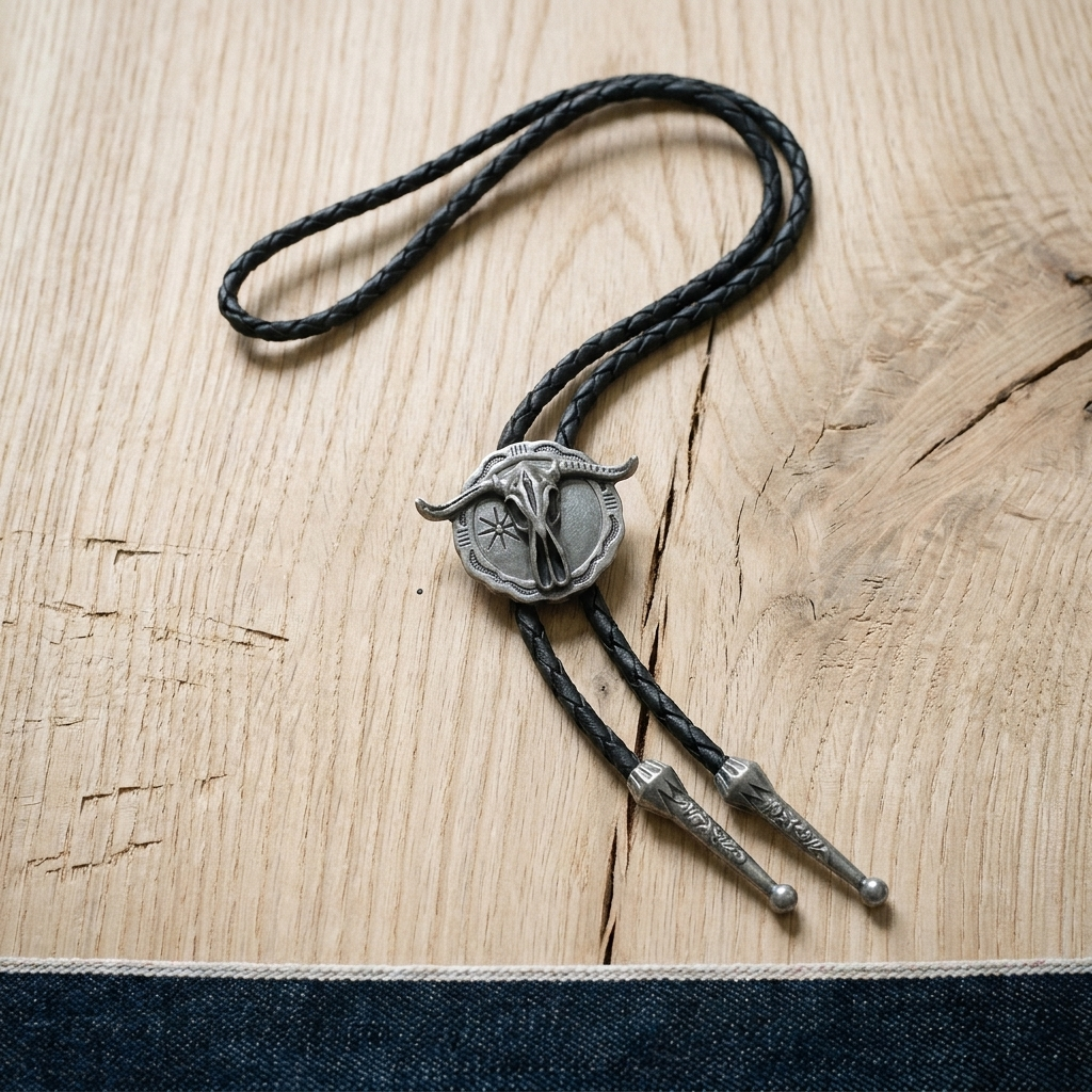 Vintage braided leather geometric alloy ring pendant necklace near cowboy hat with ambient light showing black leather and antique bronze finish