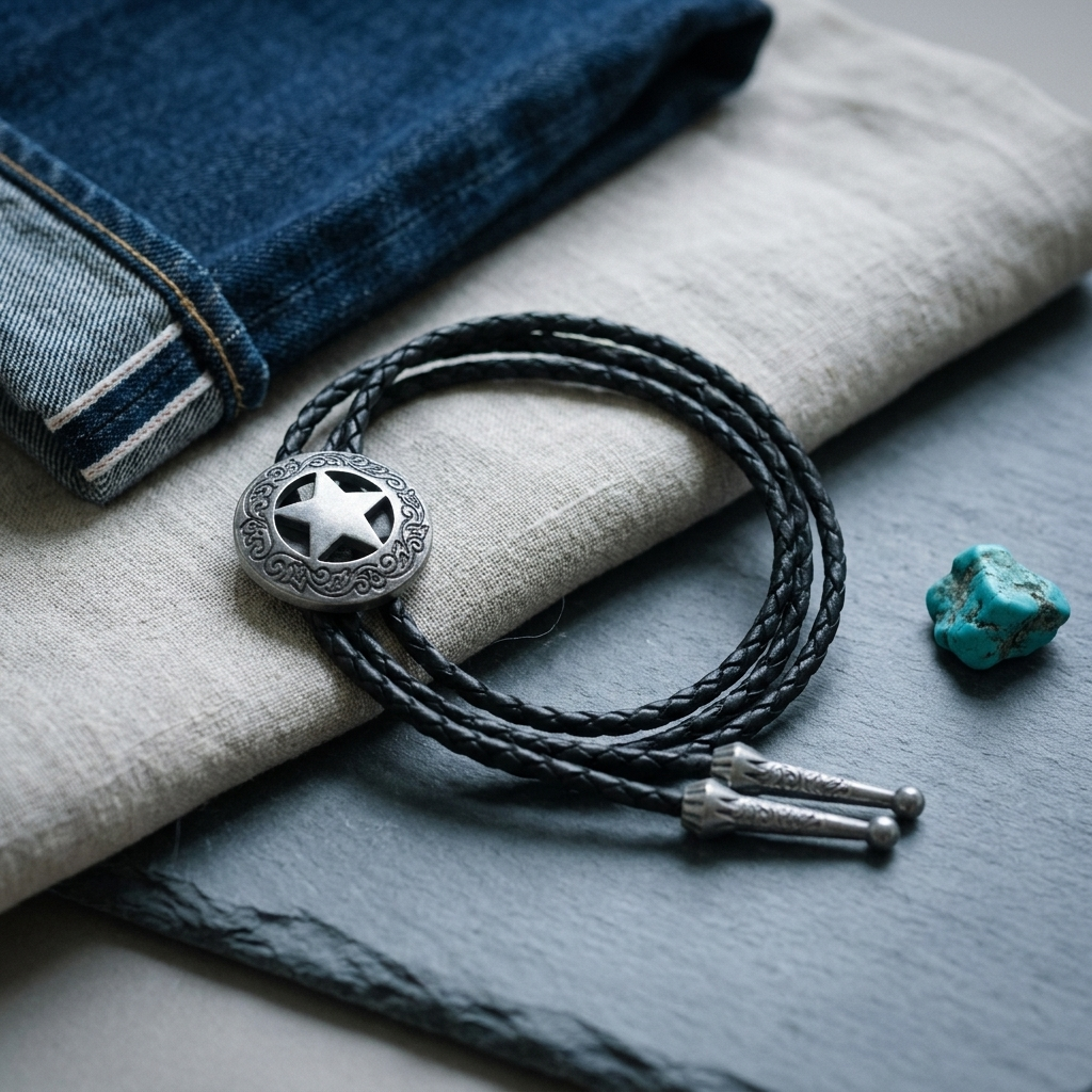 Vintage braided leather geometric alloy ring pendant necklace lifestyle on sun-bleached oak wall with dark brown leather and antique bronze finish