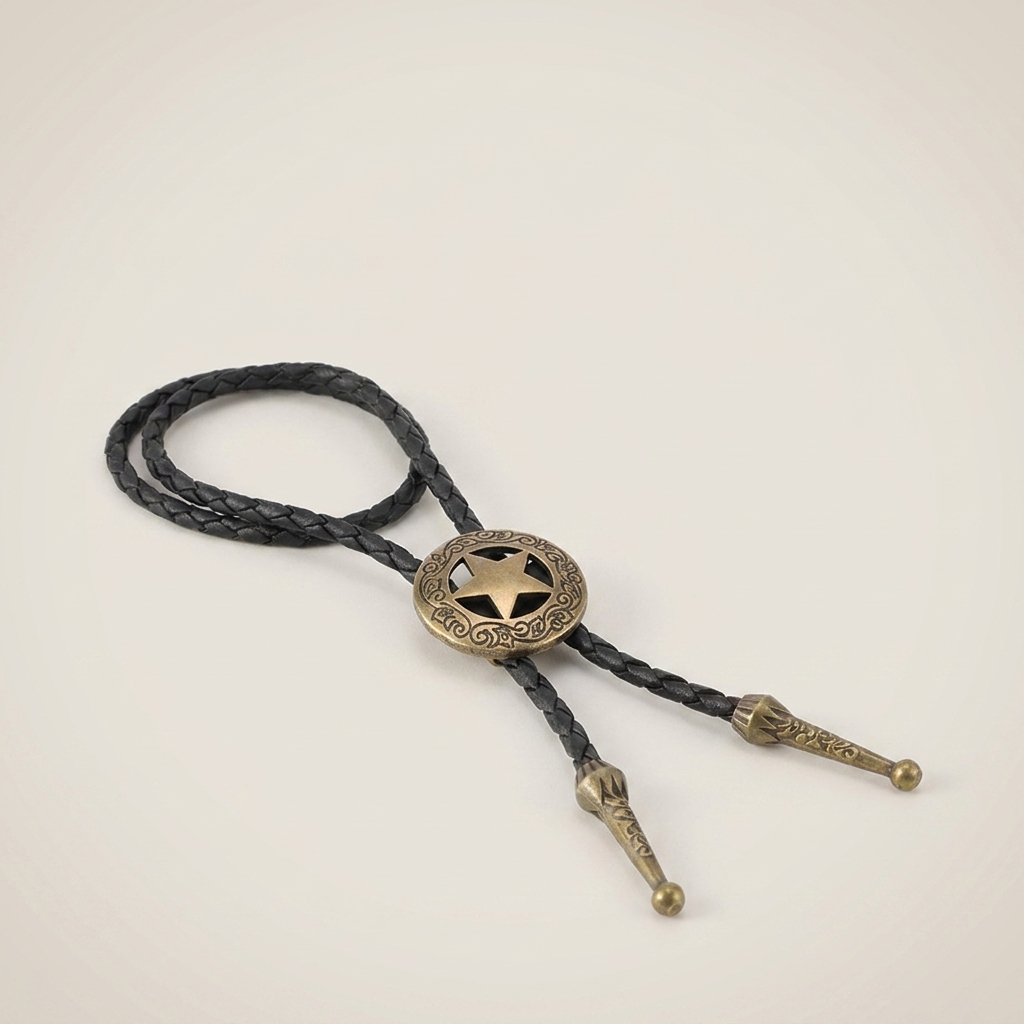 Three-quarter angle of vintage braided leather geometric alloy ring pendant necklace with black leather and antique bronze finish