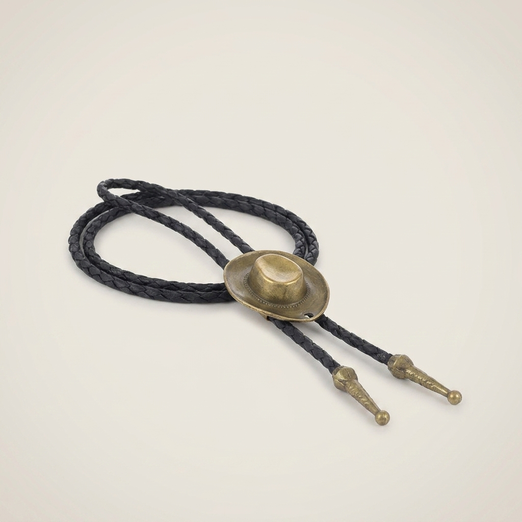 Three-quarter angle of vintage braided leather geometric alloy ring pendant necklace with dark brown leather and antique bronze finish