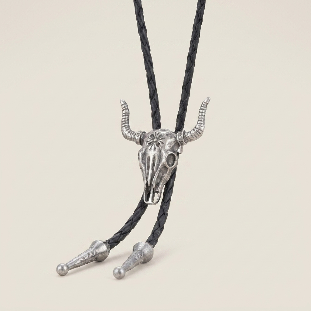 Three-quarter angle of vintage braided leather geometric alloy ring pendant necklace with dark brown leather and antique silver finish