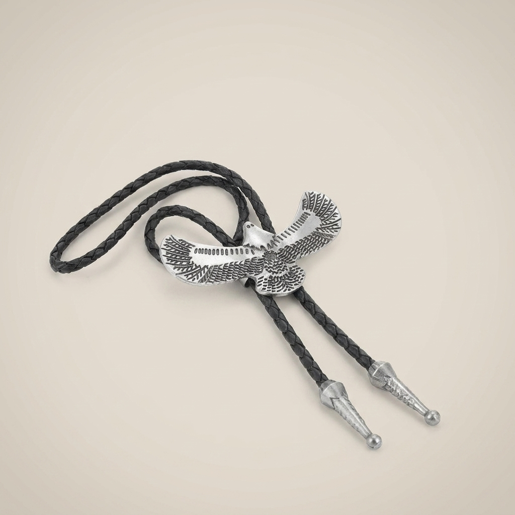 Three-quarter angle of vintage braided leather geometric alloy ring pendant necklace with light brown leather and antique silver finish