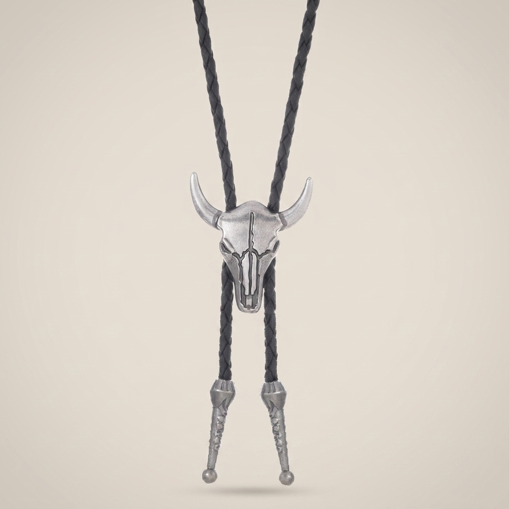 Top-down view of vintage braided leather geometric alloy ring pendant necklace with dark brown leather and antique silver finish