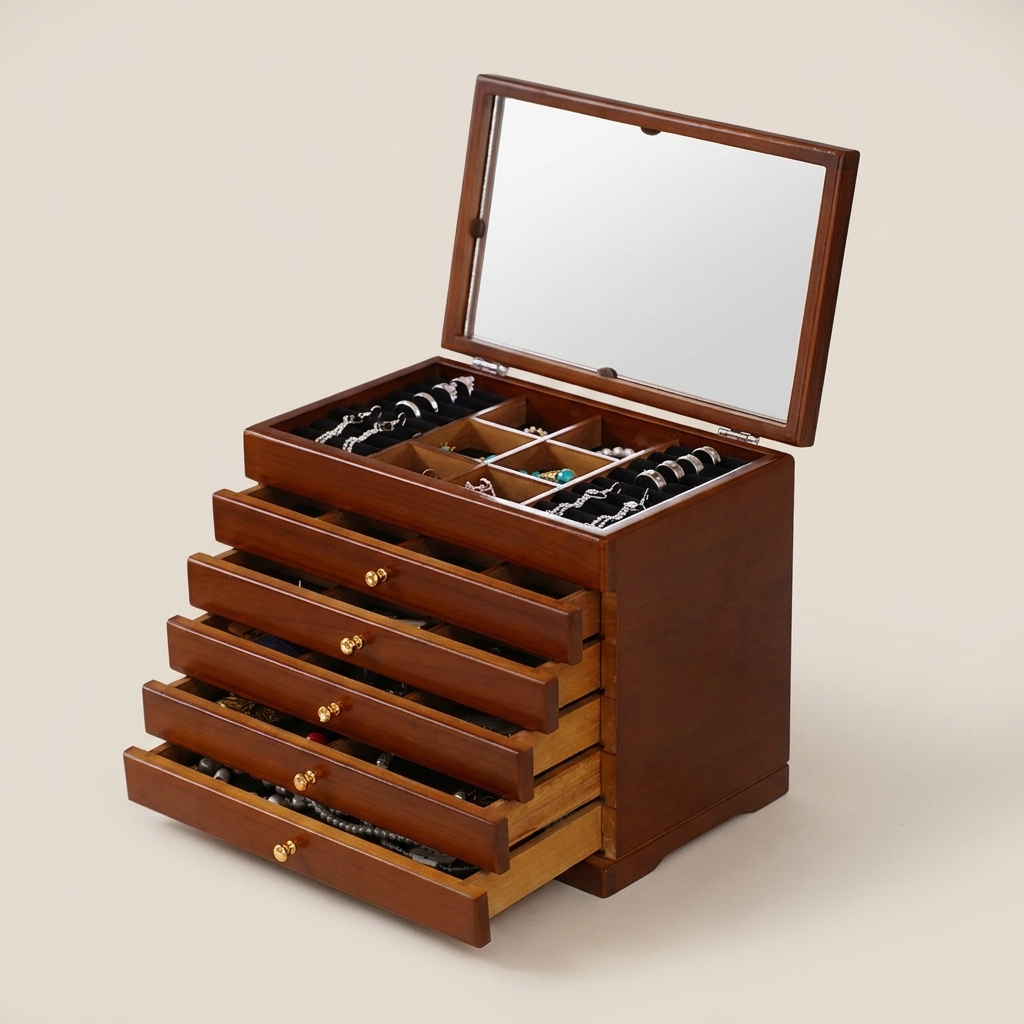 Detail shot of walnut rectangular lockable velvet lined jewelry storage box with mirror showing pull-out drawers and soft velvet lining