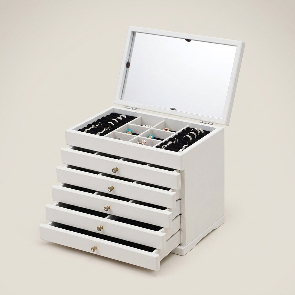 Front view of walnut rectangular lockable velvet lined jewelry storage box with beige velvet lining lock and handle polished finish
