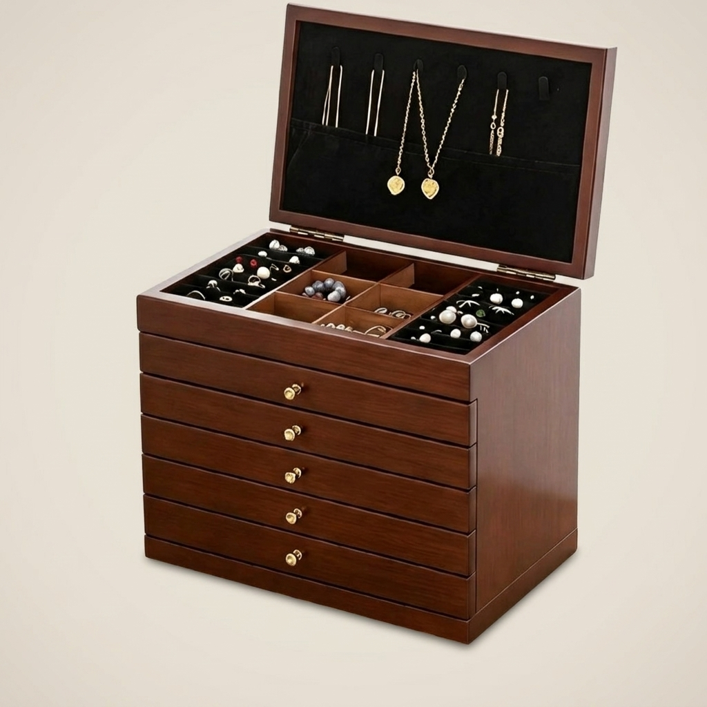 Three-quarter angle of walnut rectangular lockable velvet lined jewelry storage box with beige velvet lining and closed lock