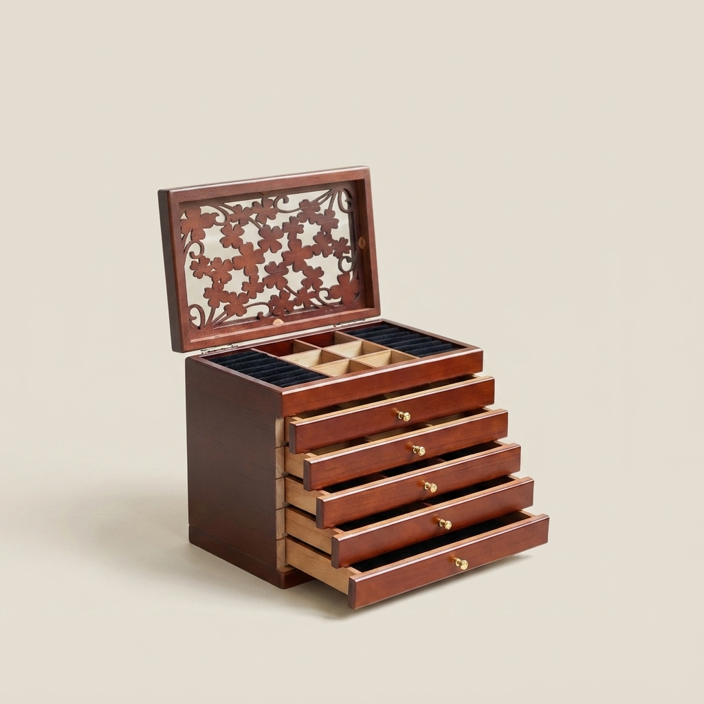 Top-down view of walnut rectangular lockable velvet lined jewelry storage box with no mirror showing multiple organized compartments