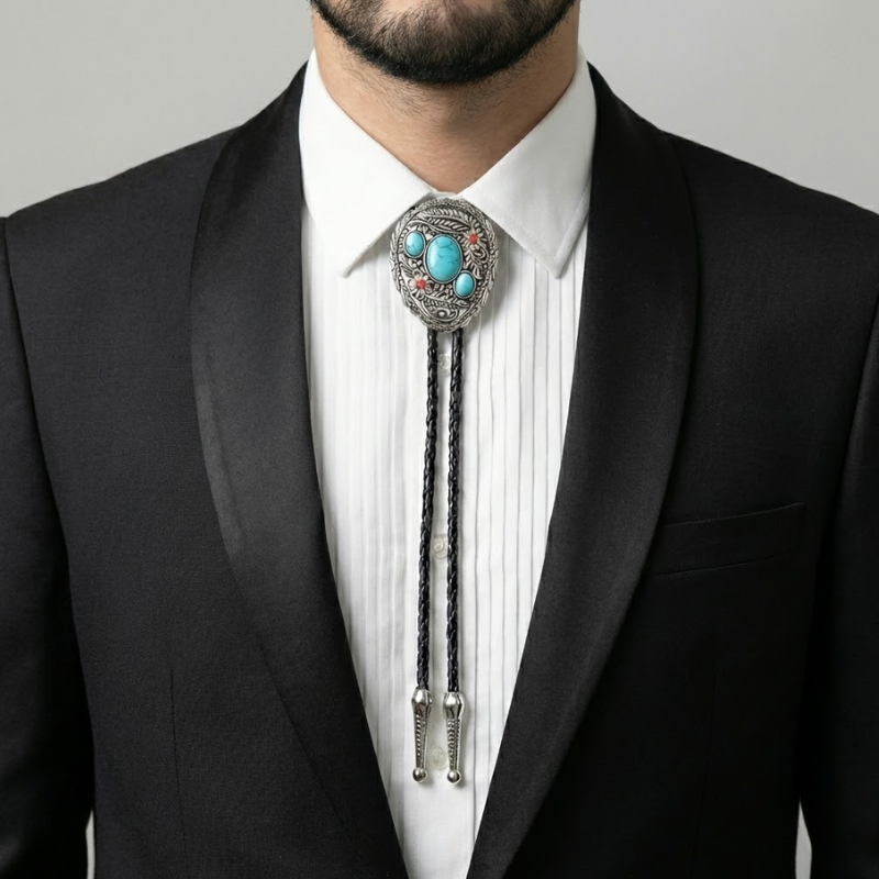 Man wearing a black suit with a white shirt and a decorative bolo tie featuring turquoise stones.