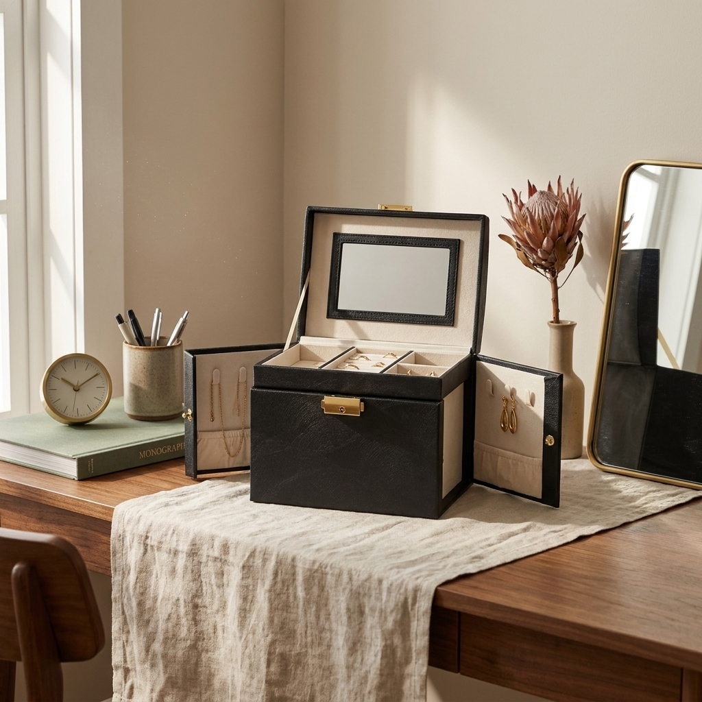 Lifestyle scene — Hard PU Leather Compact Mirror Portable Jewelry Box Organizer Case