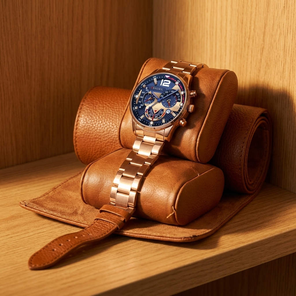 Lifestyle scene — Rose Gold Alloy Round Luminous Hands Calendar Quartz Wristwatch