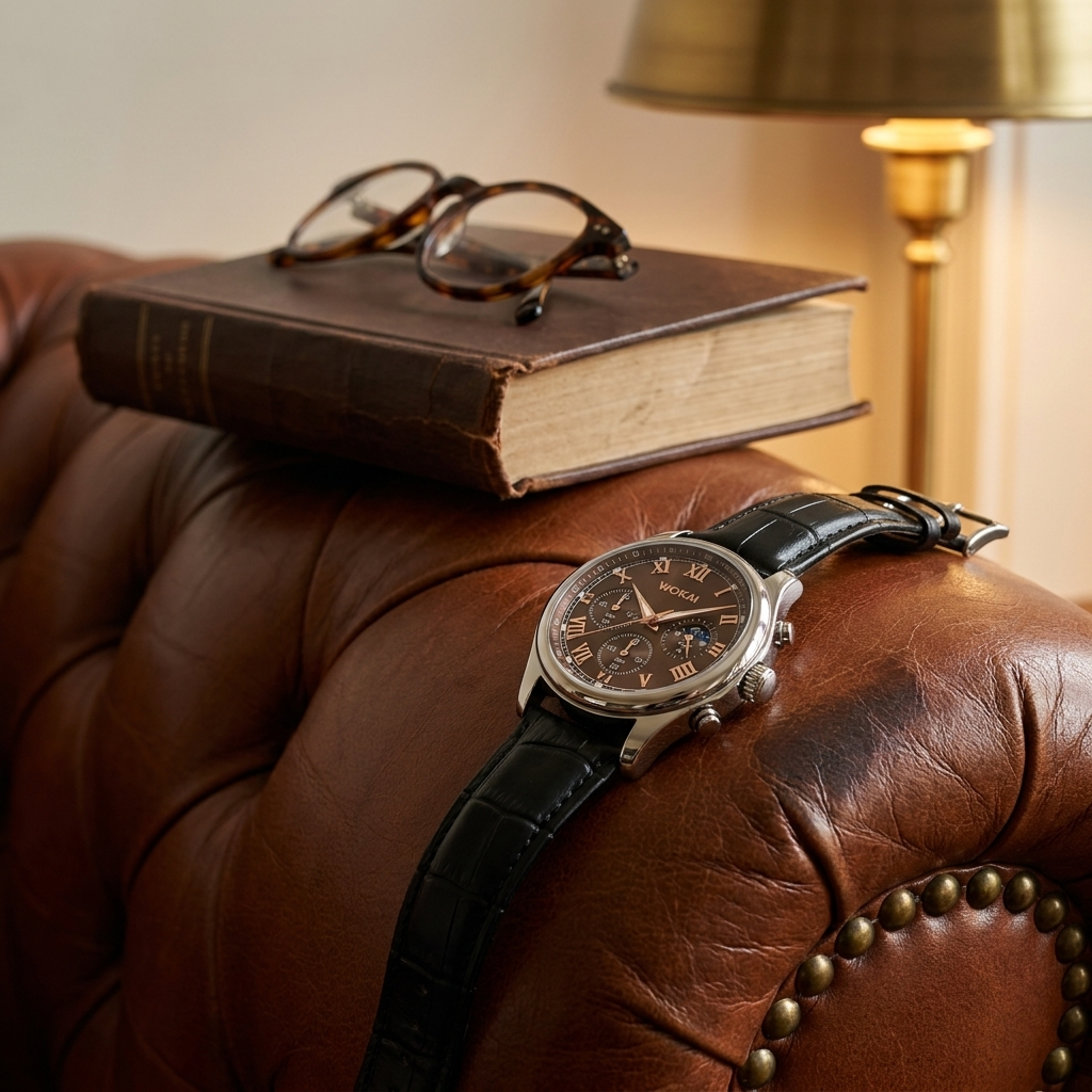 Lifestyle scene — Plastic Round Quartz Analog PU Strap Business Wristwatch