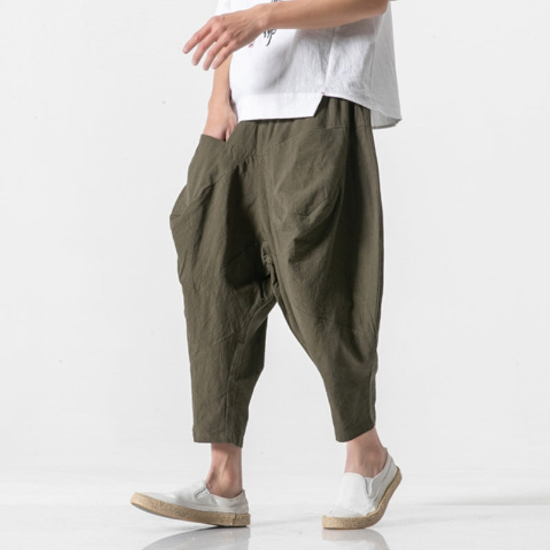 Linen Whisper | Wide Leg Harem Pants in Cotton-Linen Blend with Cuffed Hem