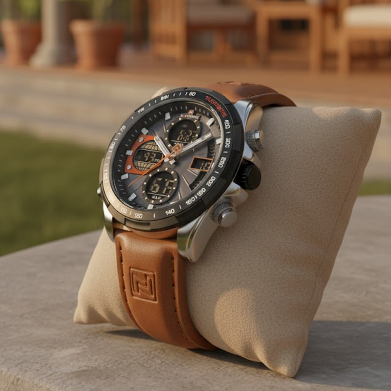 Aether Voyage men's quartz watch with a brown leather band and gray dial, displayed on a beige pillow, highlighting its design and features.