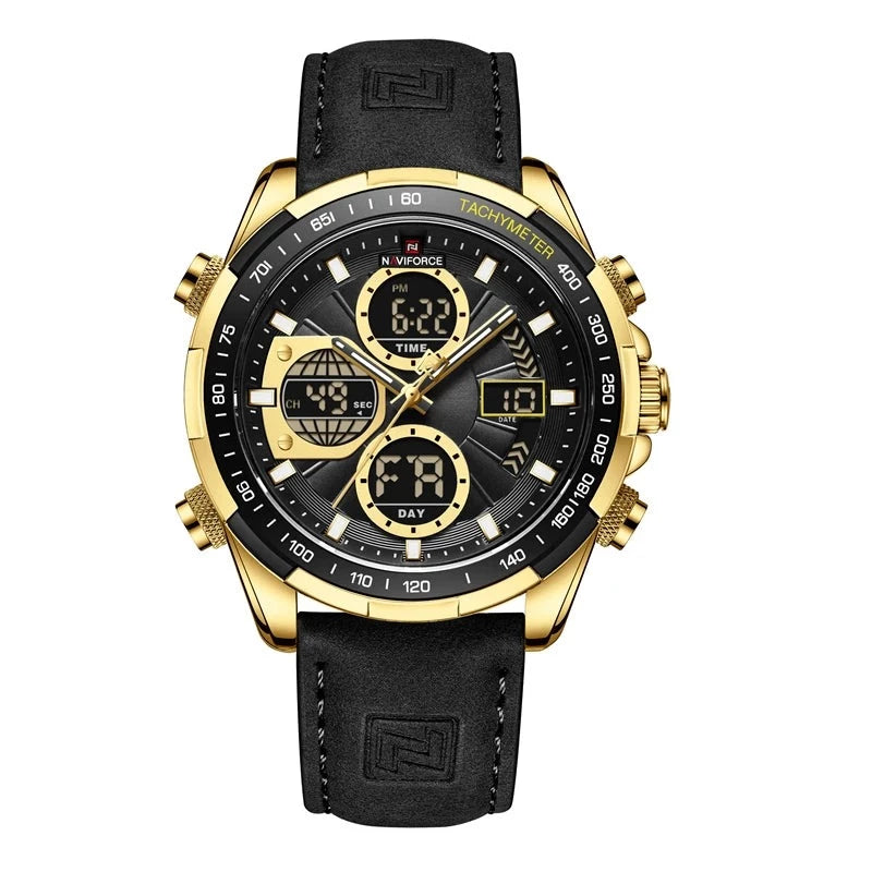 Aether Voyage men's quartz watch with gold case, black dial, and black leather band. Features luminous hands, chronograph, and digital display showing time, date, and day.