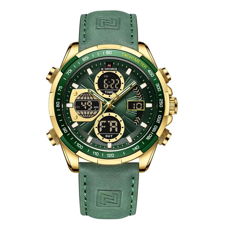 Aether Voyage men's quartz watch with gold case, green dial, and green leather band. Features luminous hands, chronograph, and digital display showing time, date, and day.