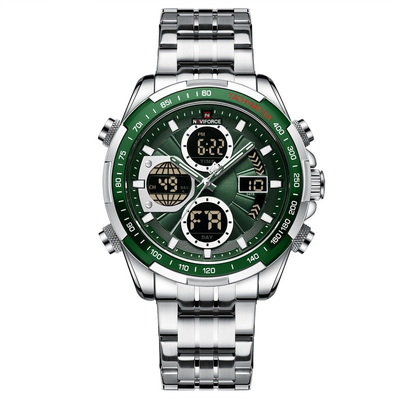 Aether Voyage men's quartz watch with silver case, green dial, and silver steel band. Features luminous hands, chronograph, and digital display showing time, date, and day.