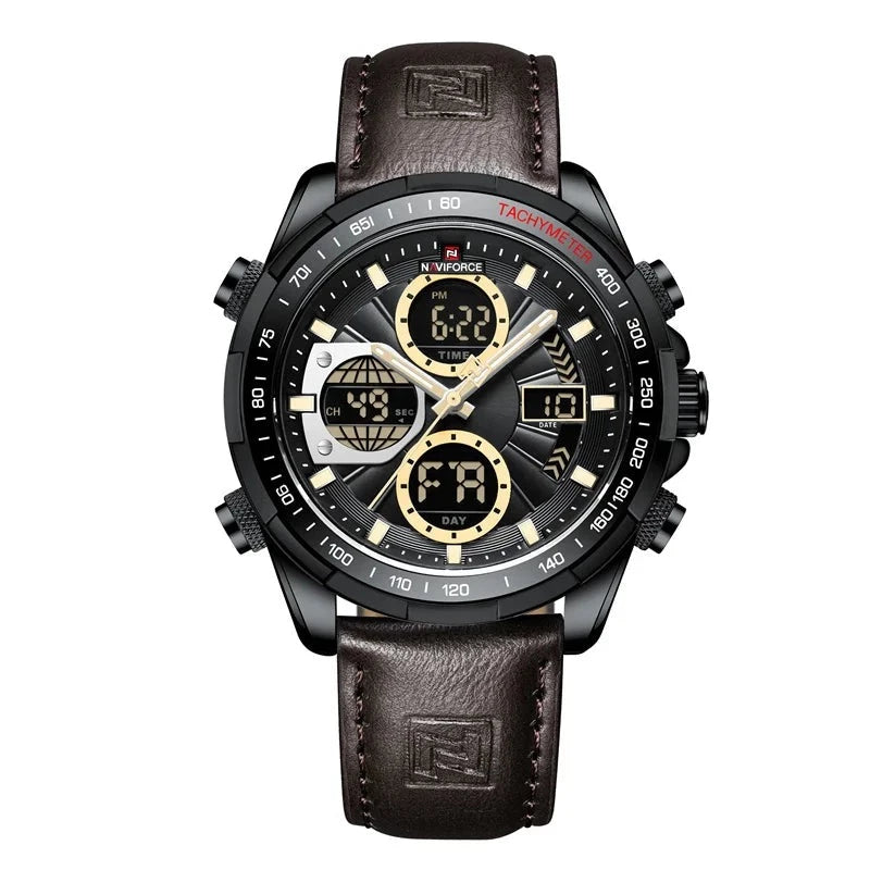 Aether Voyage men's quartz watch with a black-tone case, black dial featuring gold accents, digital display showing time 6:22 PM, date 10, and day FR, and a dark brown leather band. The watch has luminous hands and a chronograph function.