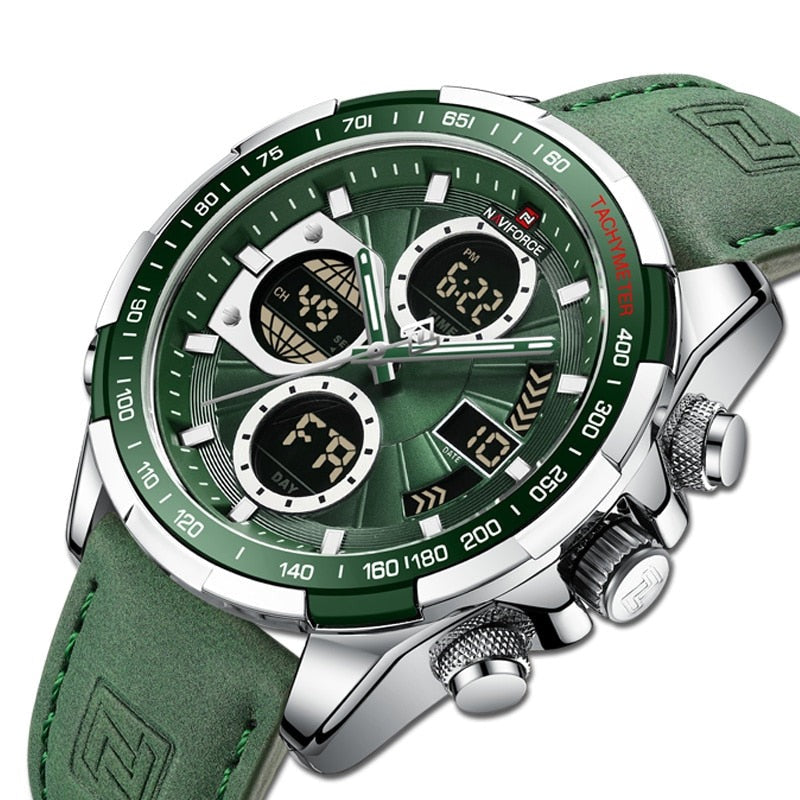 Aether Voyage Men's Quartz Watch with silver case, green dial, and green leather band, shown in a close-up angled view. The watch features a digital display showing 6:22 time, FR day, and 10 date, along with chronograph subdials and a tachymeter bezel, highlighting side pushers.