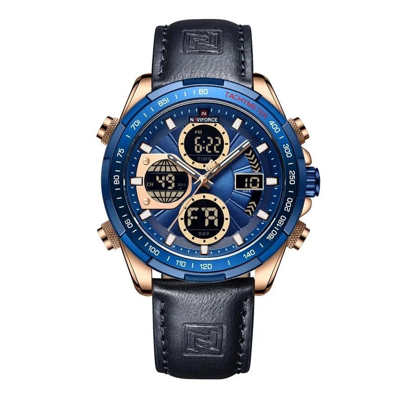 Aether Voyage men's quartz watch with a gold-tone case, blue dial featuring gold accents, digital display showing time 6:22 PM, date 10, and day FR, and a dark blue leather band. The watch has luminous hands and a chronograph function.