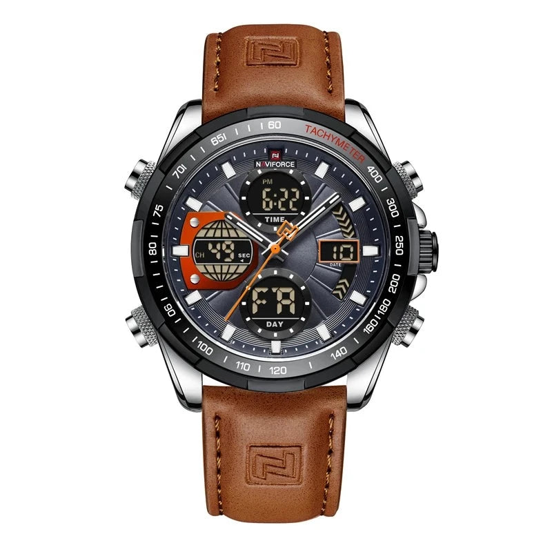Aether Voyage men's quartz watch with a silver-tone case, dark gray dial featuring orange accents, digital display showing time 6:22 PM, date 10, and day FR, and a brown leather band. The watch has luminous hands and a chronograph function.