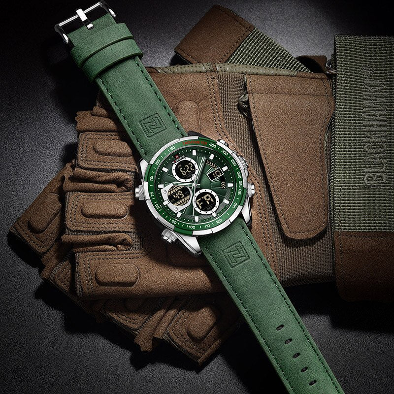 A top-down view of an Aether Voyage men's quartz watch featuring a silver case, green dial, and green leather band with a silver buckle, displayed on brown tactical gloves and a matching pouch. The watch shows its chronograph functions and luminous hands.