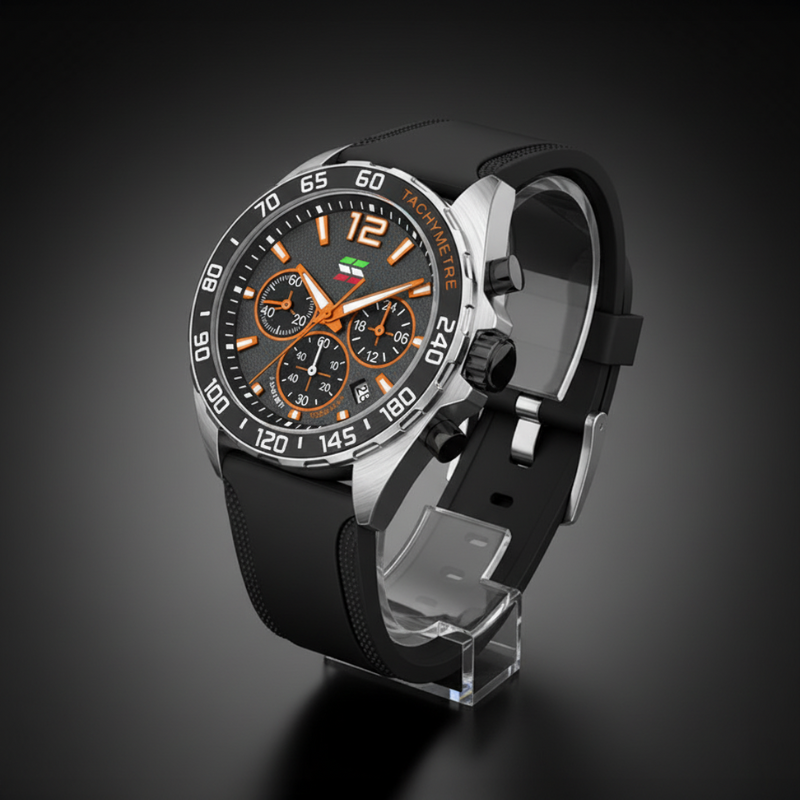 Apex Dusk men's quartz watch with luminous hands and date display, featuring a black dial with orange accents and a black silicone strap, displayed on a clear stand.