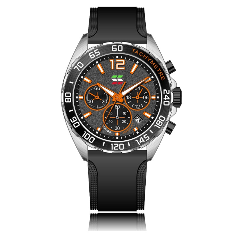 Front view of the Apex Dusk men's quartz watch with luminous hands and date display, showcasing a silver case, dark grey dial with orange accents, and a black silicone strap, on a clean white background.