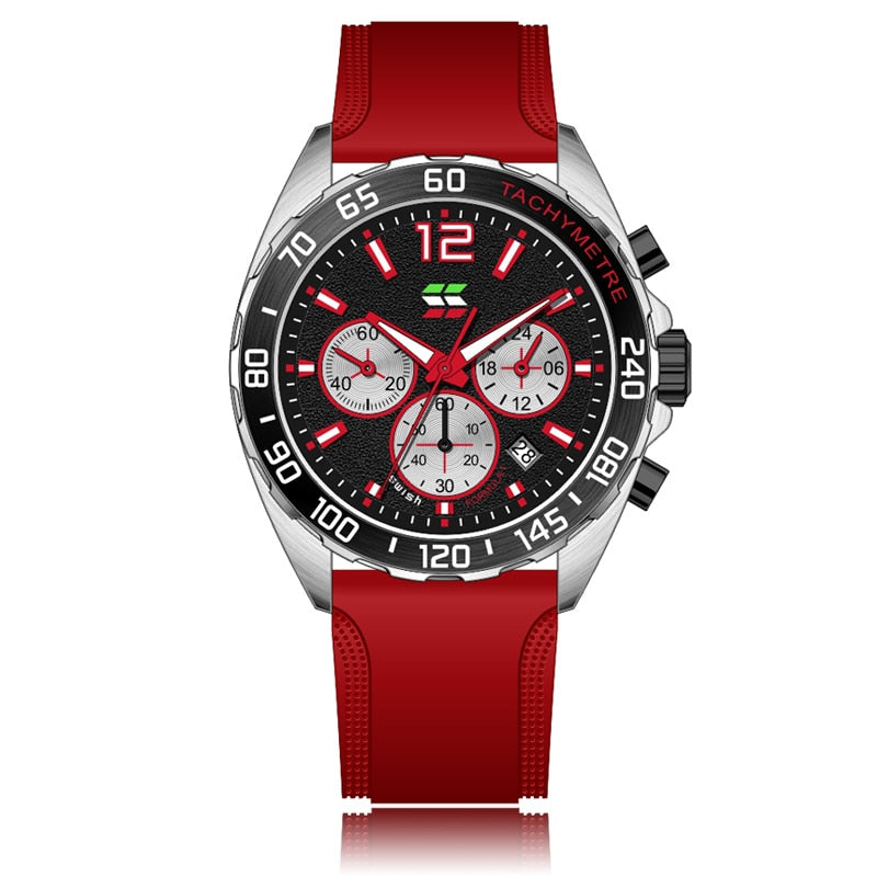 Apex Dusk men's quartz watch with luminous hands and date display, featuring a black dial with red accents and a red silicone strap, presented on a white background.