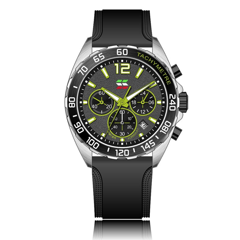 Apex Dusk men's quartz watch with luminous hands and date display, featuring a silver case, black dial with yellow-green accents, chronograph subdials, and a black silicone strap, shown from a top-down perspective.