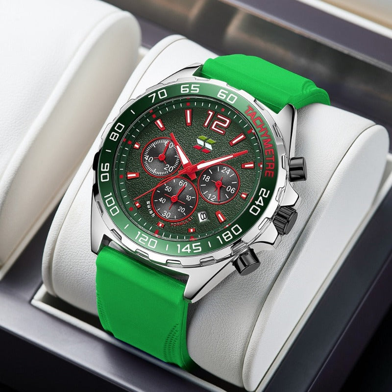 Apex Dusk men's quartz watch with luminous hands and date display, featuring a green dial, red accents, and a green silicone strap, presented on a white display stand.