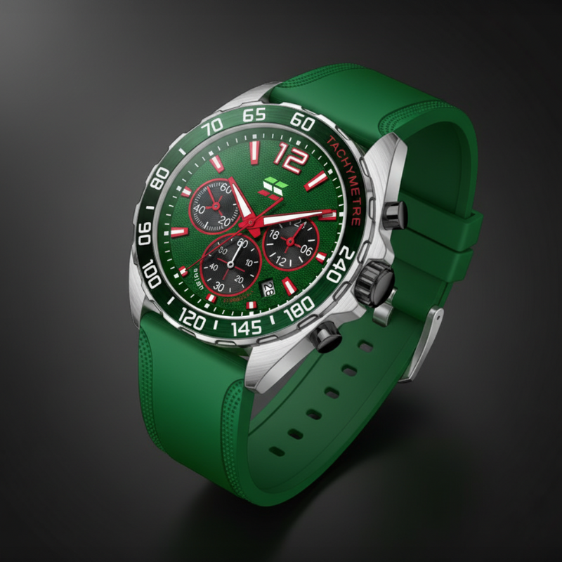 Apex Dusk men's quartz watch with luminous hands and date display, featuring a silver case, green dial with red accents, chronograph subdials, and a green silicone strap, against a dark background.