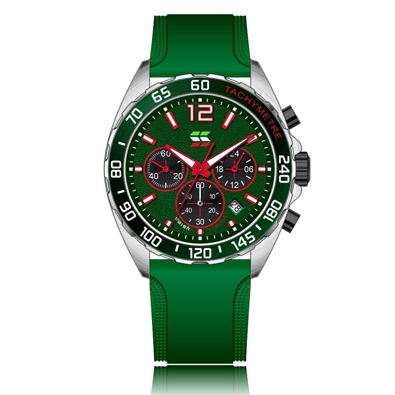 Apex Dusk men's quartz watch with luminous hands and date display, featuring a silver case, green dial with red accents, chronograph subdials, and a green silicone strap, shown from a top-down perspective.
